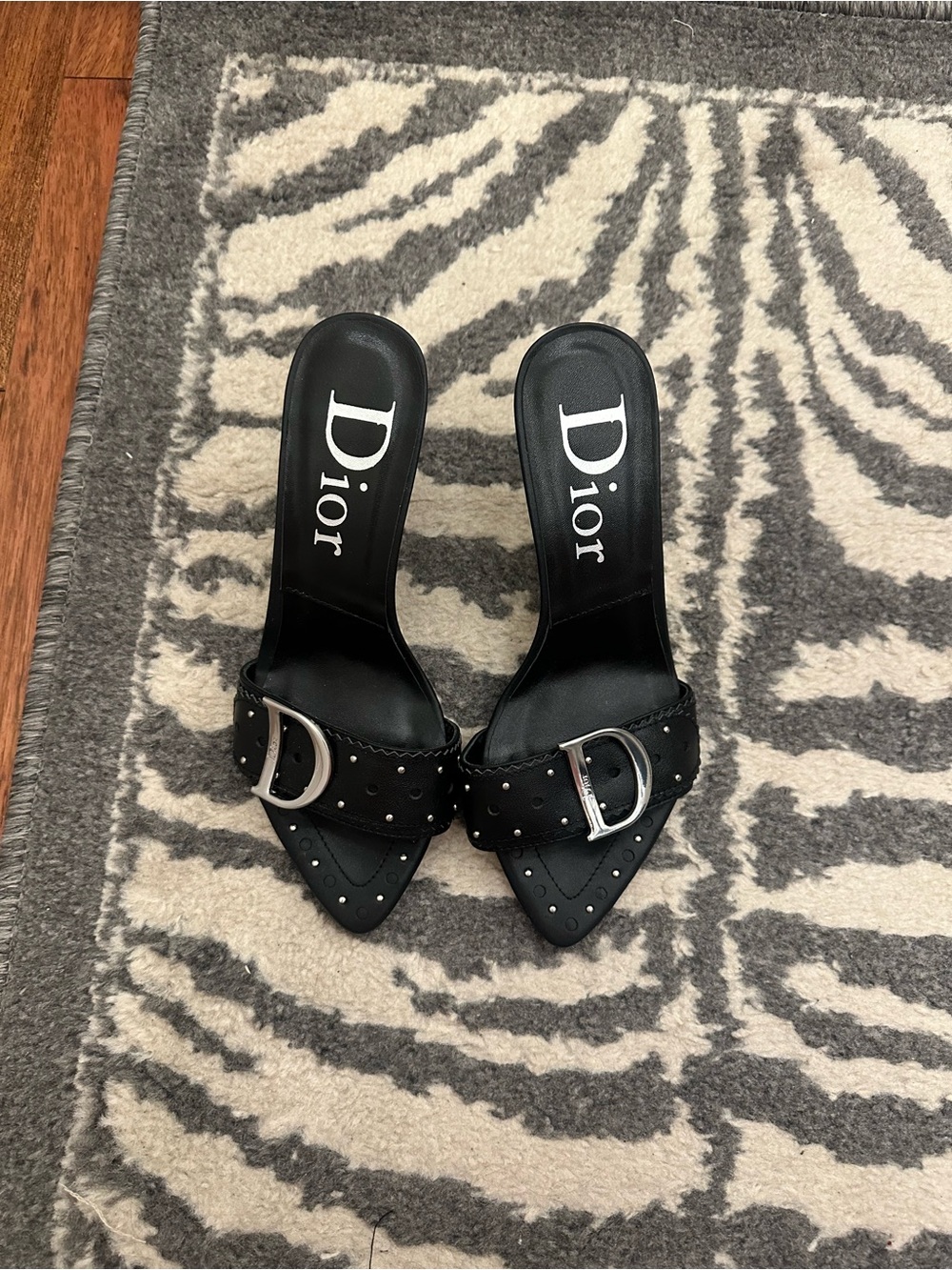 Dior Black Studded Leather Mule with Signature 'D' Buckle